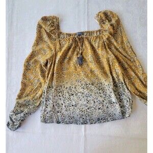 Women's Boho Peasant Blouse Democracy Size S  Yellow/Blue Floral